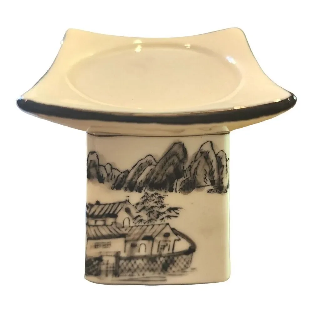 Vintage Asian Village Black Cream Square‎ Transfer Ware Candle Holder Set